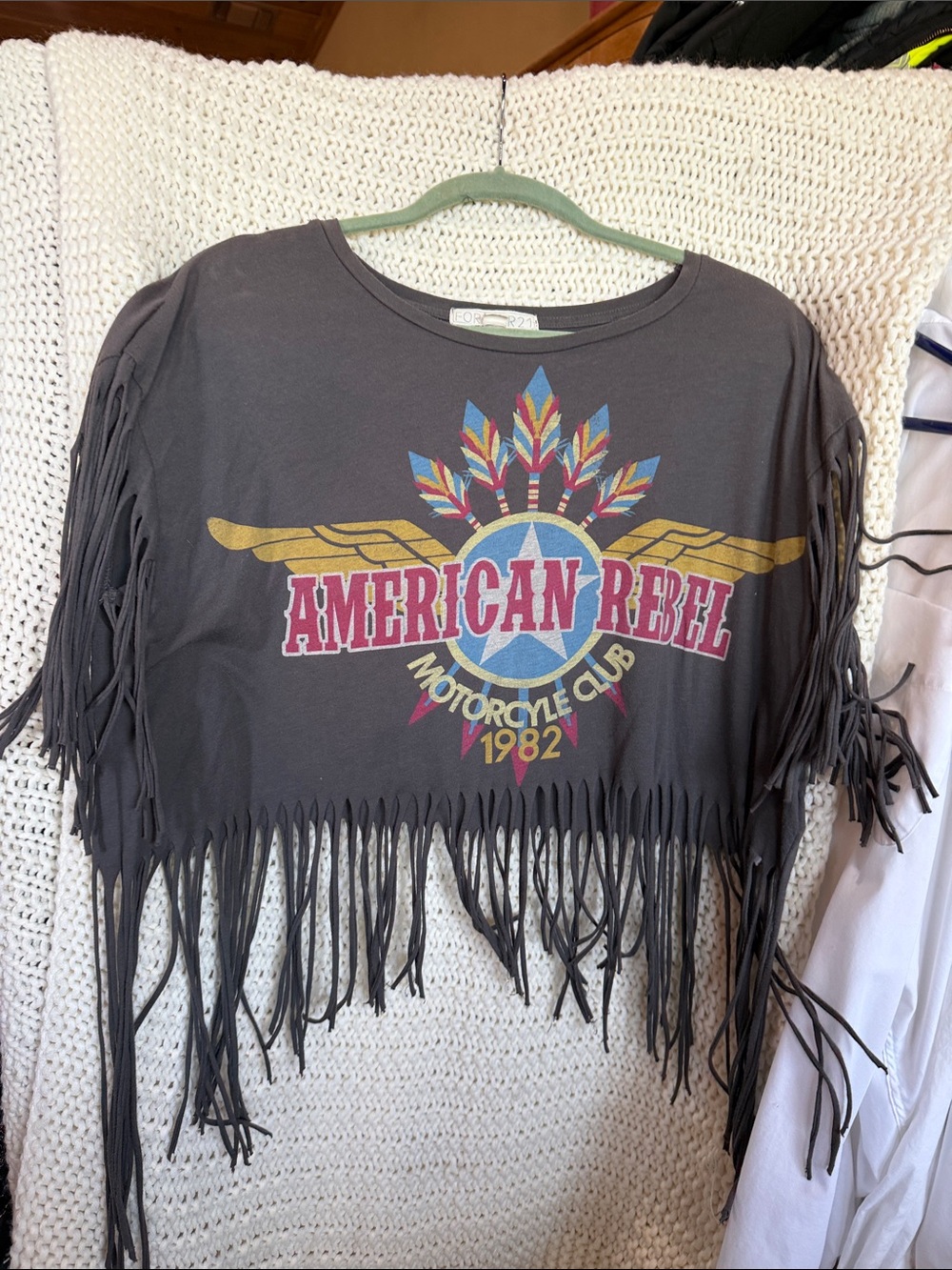 Forever 21 Charcoal Fringe Graphic Tee with Multicolor Print